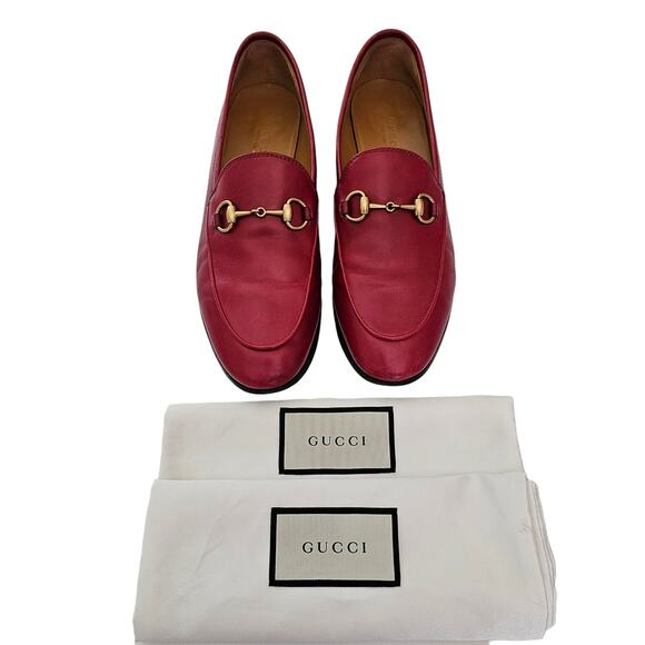 Gucci Jordaan Horsebit Flat Slip On Loafer Red Leather Gold Buckle Size 37 US 7 - Picture 2 of 11